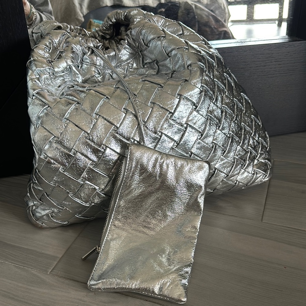 Silver Leather Woven Chain Strao Bag with Matching Interior Pouch